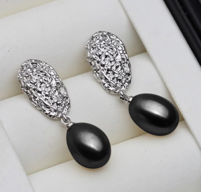 Designer Black Floral Freshwater Pearl Drop Dangle Earrings in Silver