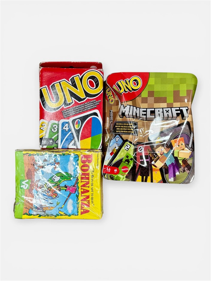 3 x Assorted Tabletop Card Games, Comprising: 2 x UNO Games & 1 x BOHNANZA.
