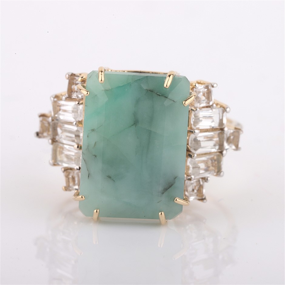Yellow Gold Natural Emerald / Natural White Topaz & Diamond Ring with Valua