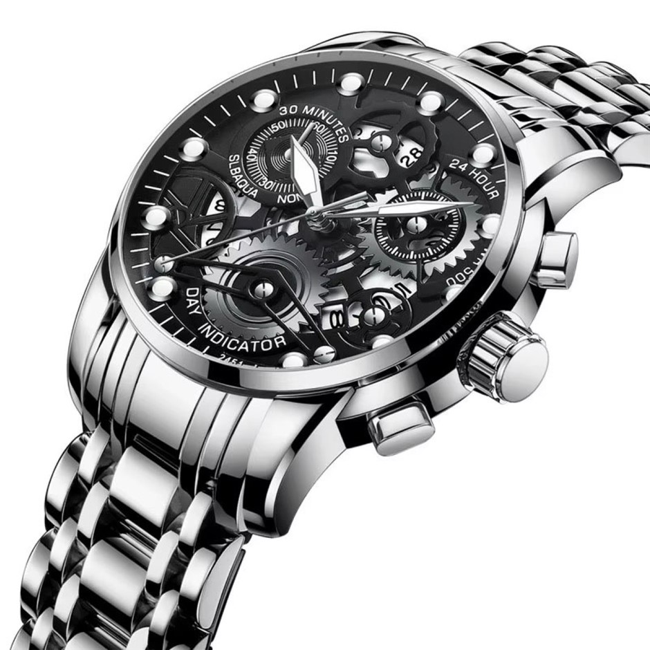 Men's Quartz Watch, Skeleton Design & Mechanical Style, Silver/Black