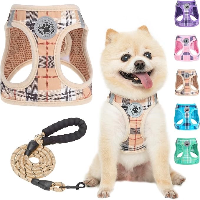 BEAUTYZOO Small Plaid Dog Harness and Leash Set for XS S Pets, Step in No C