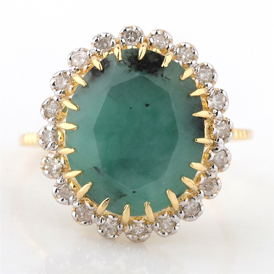 Yellow Gold Natural Emerald & Diamond Ring with Valuation