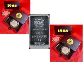 1966 Australia silver 50 cents in box UNC x 2 & Germania Silver bar