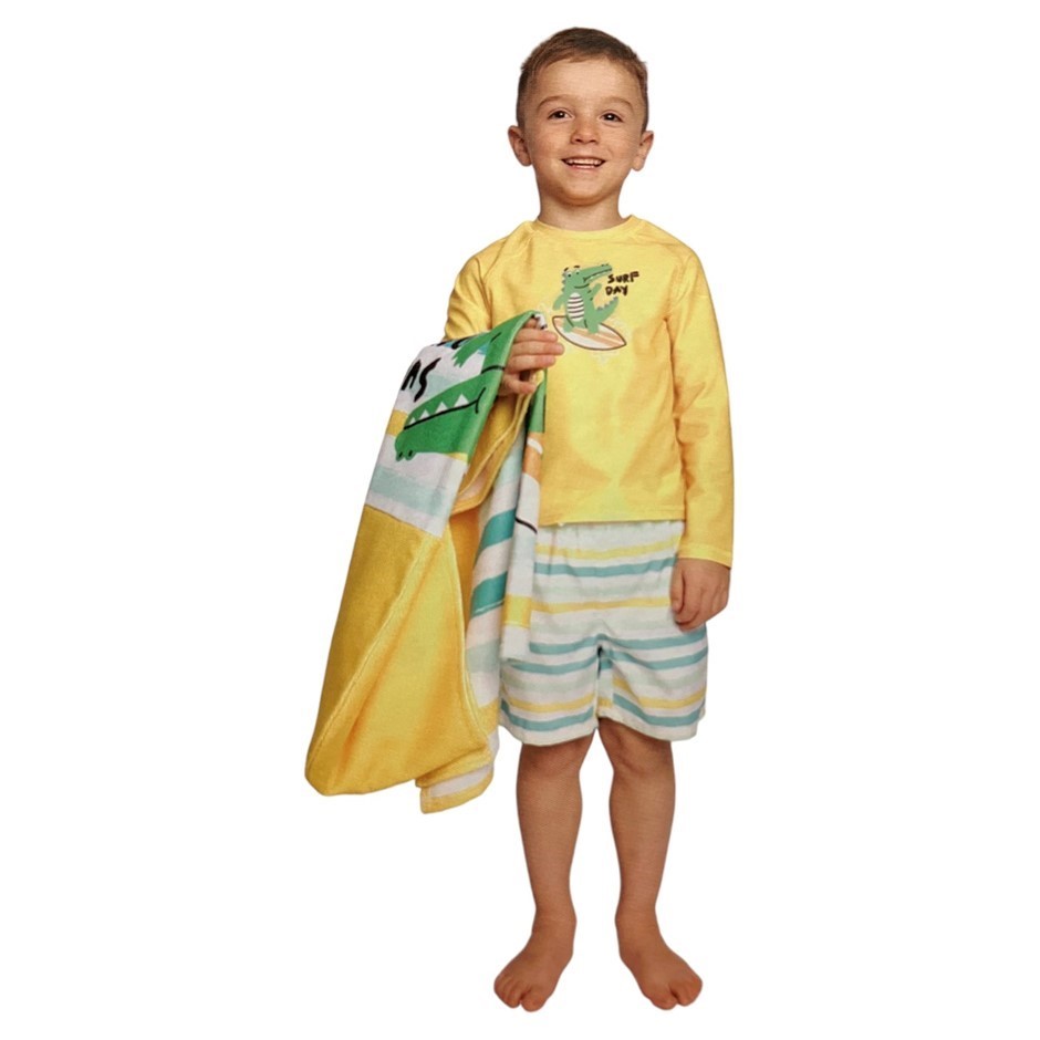 PEKKLE Kids' 3pc Rashguard Set, Size 5, Yellow Croc, Incl: Rashguard, Brief