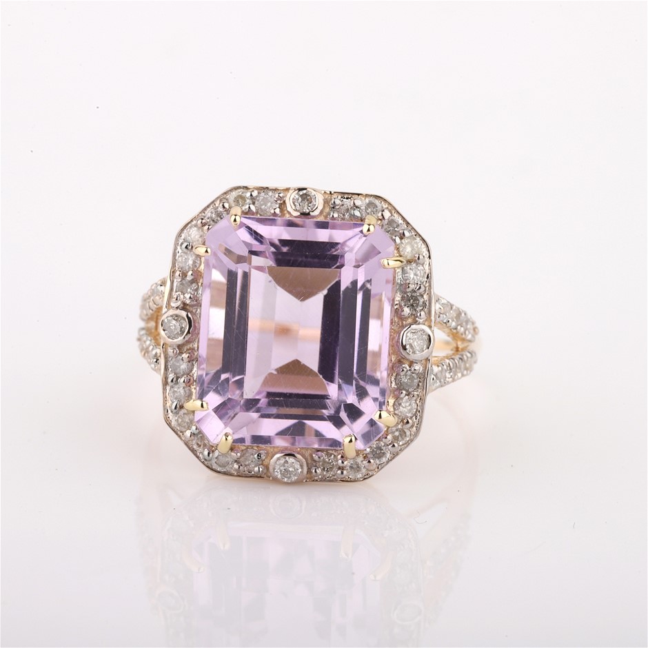 Yellow Gold Natural Amethyst & Diamond Ring  with Valuation