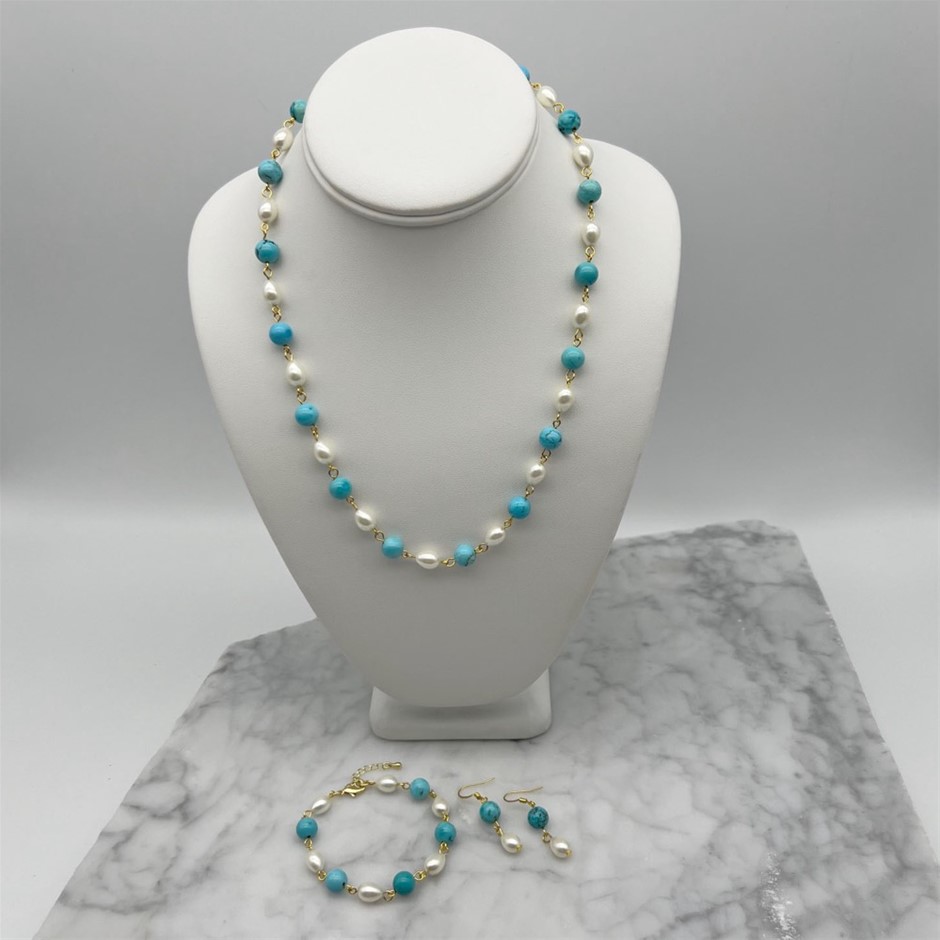Teardrop Glass Pearls & Turquoise Necklace, Bracelet & Earring