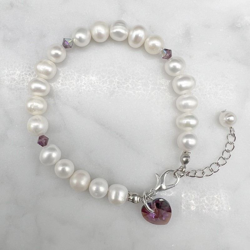 7-8mm Potato & Baroque Pearl Amethyst Shimmer Swarovski® Heart Bracelet