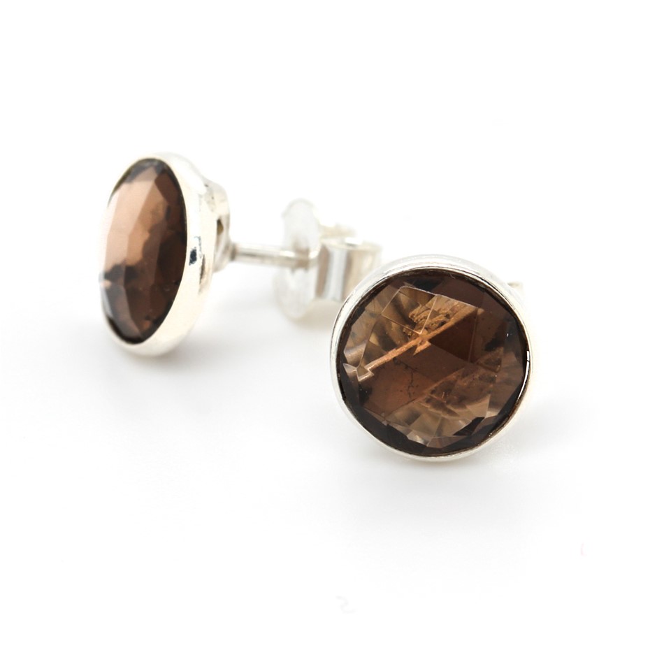 Elegant Handcrafted Smoky Quartz Stud 925 Sterling Silver Gemstone Earrings