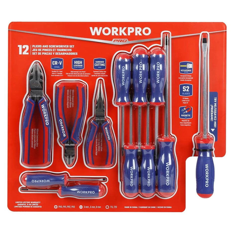 WORKPRO 12pc Plier and Screwdriver Set. NB: Damaged packaging & 2 x pieces