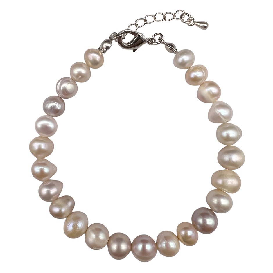 7-8mm Pink Potato Shape Pearl with Platinum Plated Bracelet