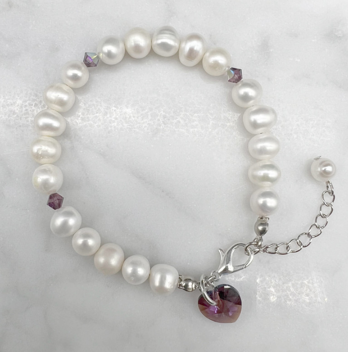 7-8mm Potato & Baroque Pearl Amethyst Shimmer Swarovski® Heart Bracelet