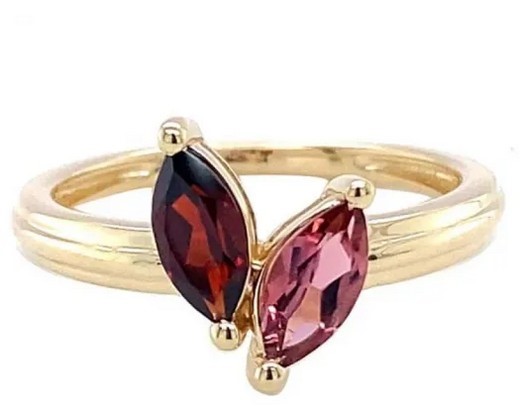 9K Yellow Gold GARNET &amp; PNK TOUR MARQ HRT RING