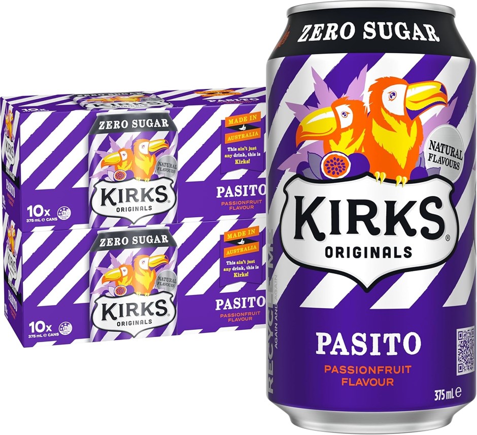 11 x Box of 10pk KIRKS Pasito Zero Sugar, 375ml Soft Drink Cans. Best Befor