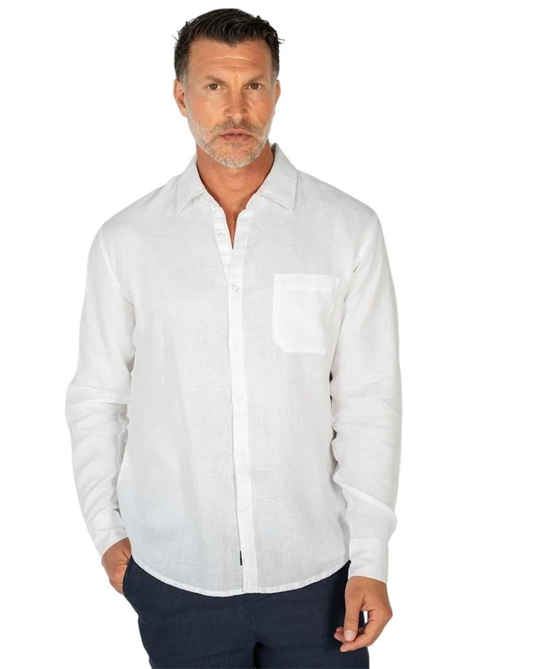 COAST Men's Long Sleeve Linen Shirt, Size L, 100% Linen, White, 18CCC400.