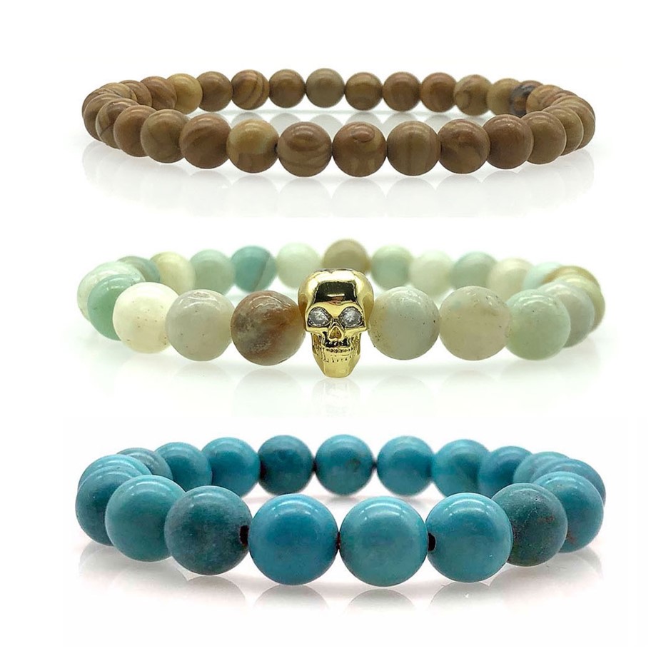 Men's Multi Gemstone & Skull Beaded Stretch Bracelet's Set