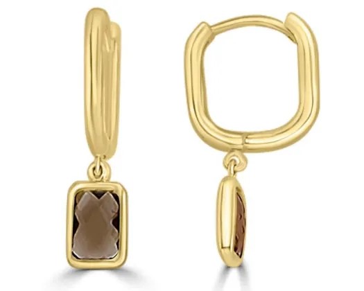 9K Yellow Gold Faceted Smoky Qtz Huggie Earrings