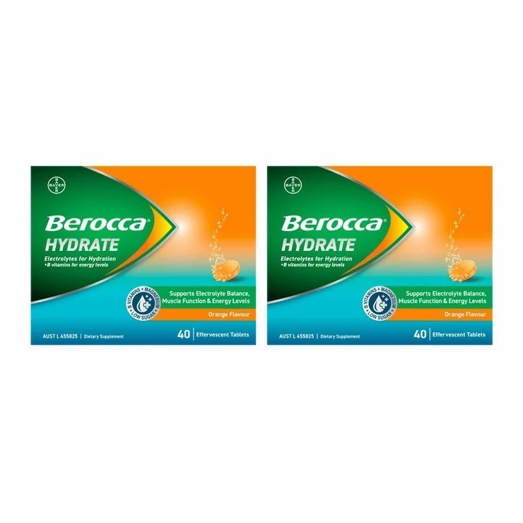 2 x Pack of 40pc BEROCCA Hydrate Effervescent Tablets, Orange Flavour. NB: