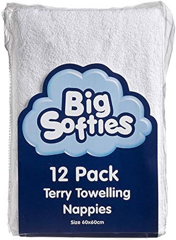 BIG SOFTIES Towelling Cotton Nappies 12 Piece Set, White, 12 Count.