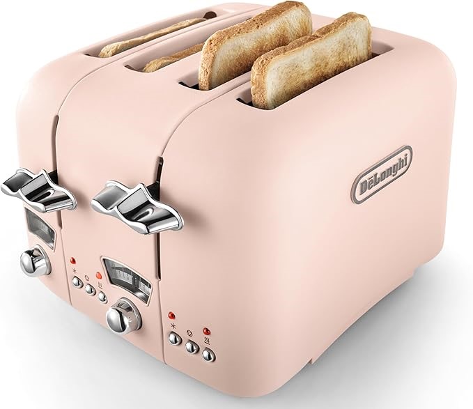 DELONGHI Argento Flora Toaster CT04PKE, 4 Slice Toaster with Extra-Lift Pos