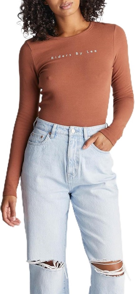 RIDERS BY LEE Women's Slim Long Sleeve Rib Tee, Size 10, Chest Nut, R/55228