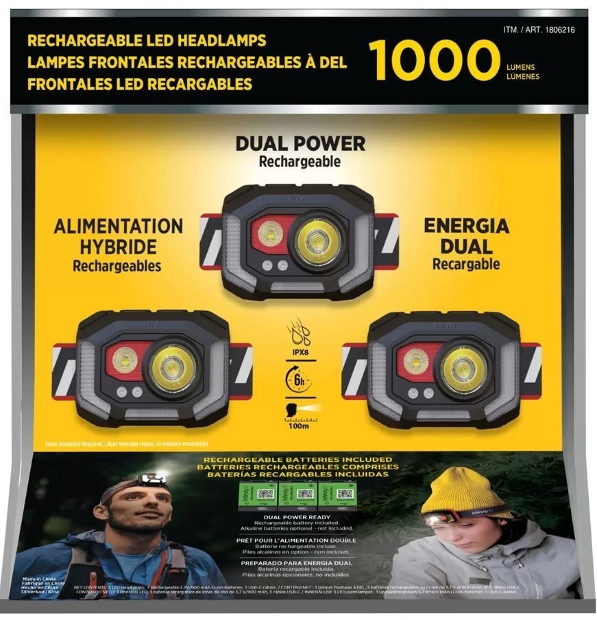 INFINITY X1 Rechargeable Headlamp 1000 Lumen, 3-Piece.
