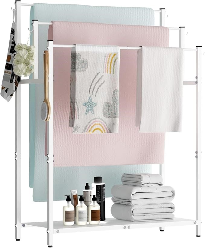 MONDAZIE 44 inch Tall Free Standing Towel Racks with 6 Hooks for Bathroom,