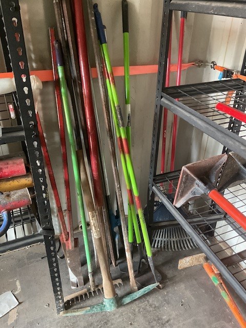 Assorted Crow Bars, Hoes, Pick, Rakes, Post Hole Digger