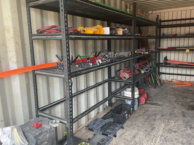 2 Bays Of Assorted Hand Tools, Power Tools, Post Rammers, Screed, Sockets