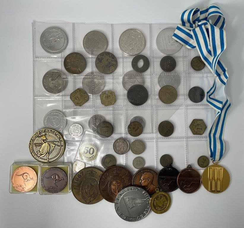 Approx. 45 x Assorted World Commemorative Medals, Tokens, Checks