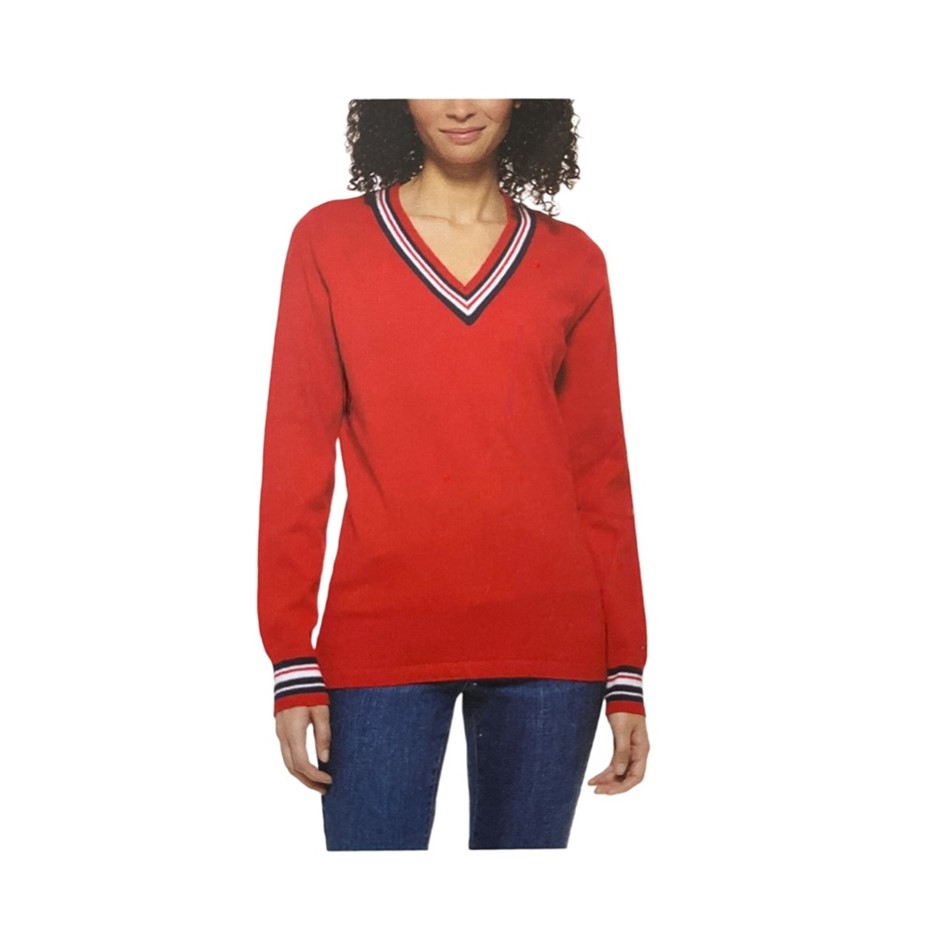TOMMY HILFIGER Women's Ivy V-Neck Sweater, Size M, 100% Cotton, 615 Scarlet