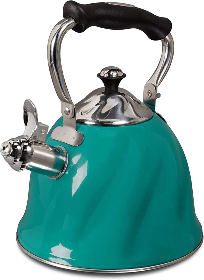MR. COFFEE Alderton Stainless Steel Whistling Tea Kettle, 2.3-Quart, Green.
