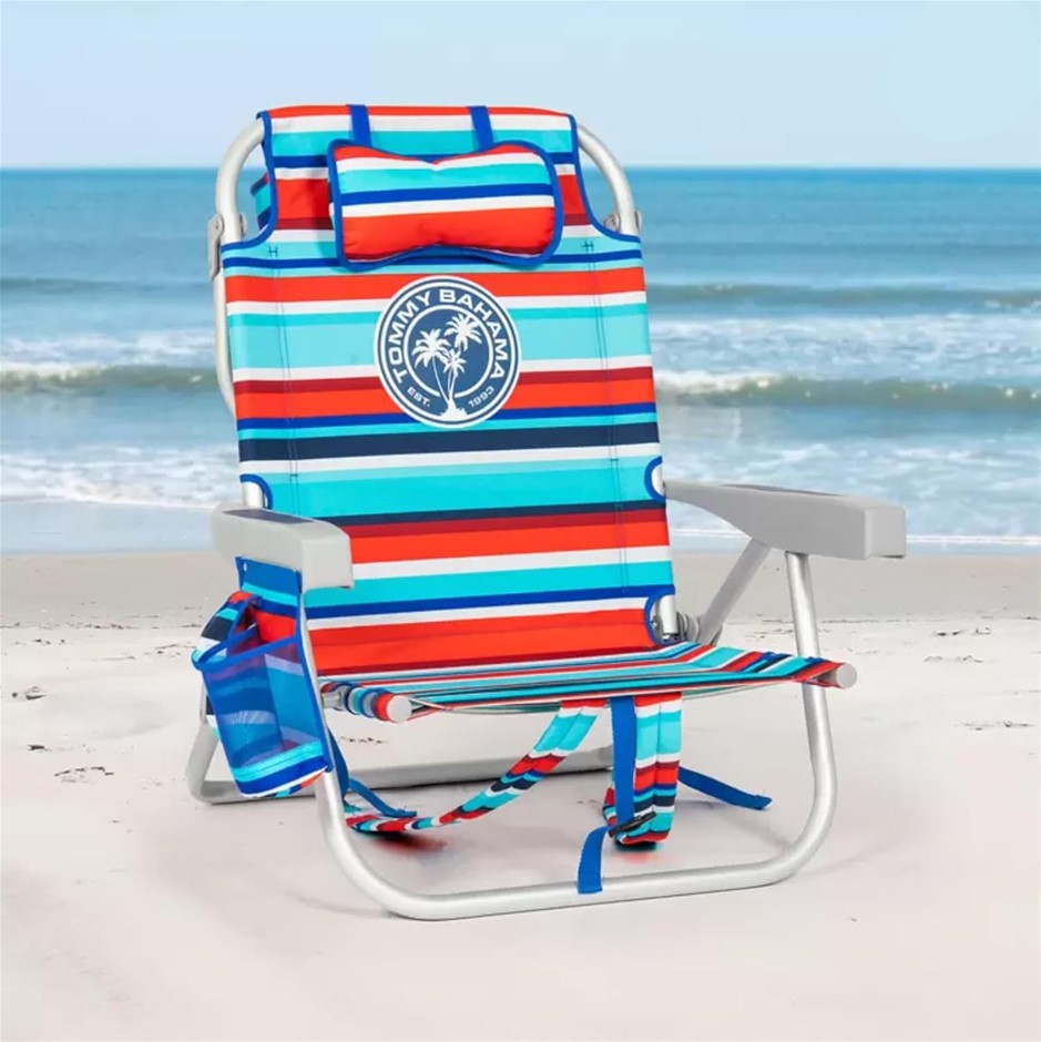 TOMMY BAHAMA Backpack Beach Chair, Aluminium Frame, 5 Positions, Red/Blue/W