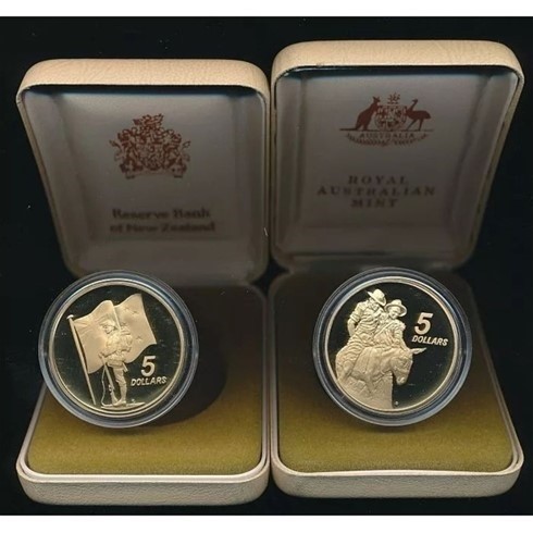 Australia & New Zealand: 1990 $5 ANZAC Proof 2 Coin Set Scarce rare