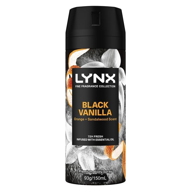 7 x LYNX Black Vanilla Premium Body Spray, Orange + Sandalwood Scent, 93g/1
