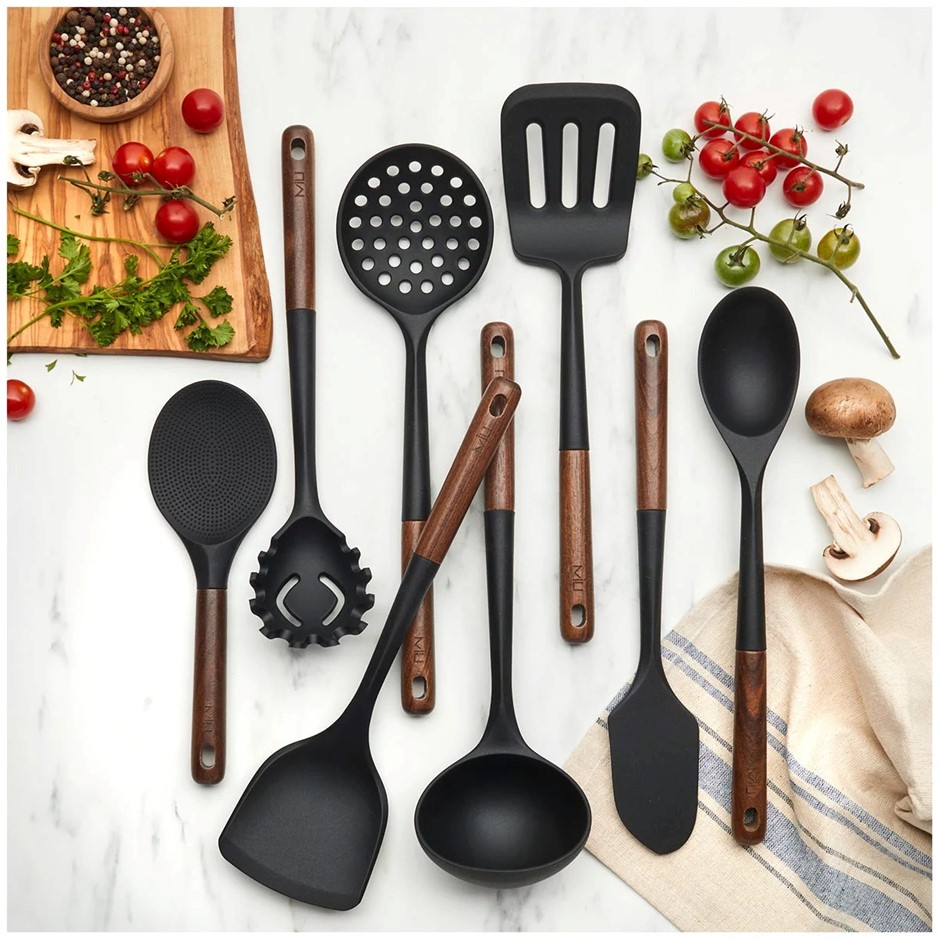 MIU 8pc SIlicone Utensil Set, Black Walnut Wood Handle. NB: Damaged packagi
