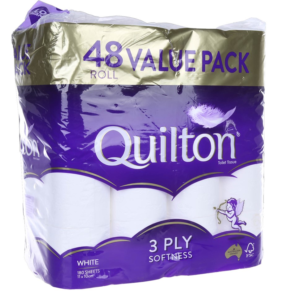 QUILTON 48pk 3-Ply Toilet Paper. N.B. Damaged packaging & approx. 5 x rolls