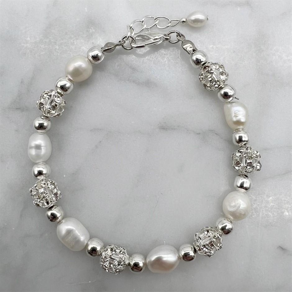 Rice Pearl & Rhinestone Silver Spacer Beads Bracelet