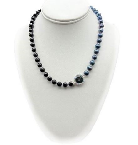 Freshwater, Baroque Pearl & Black Agate with Real Platinum Plated Necklace