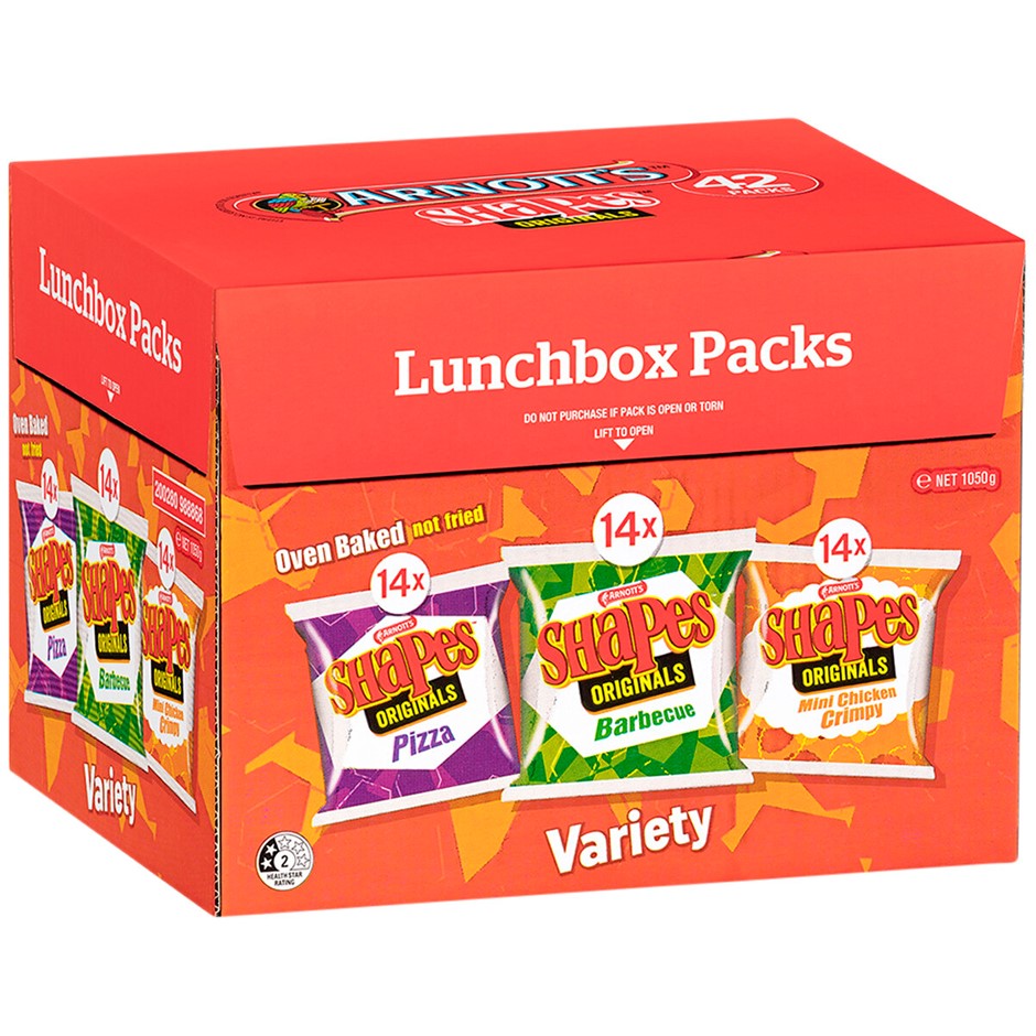 2 x ARNOTTS Box of 42pk Shapes Lunchbox Packs, Inc: Barbecue, Pizza & Mini