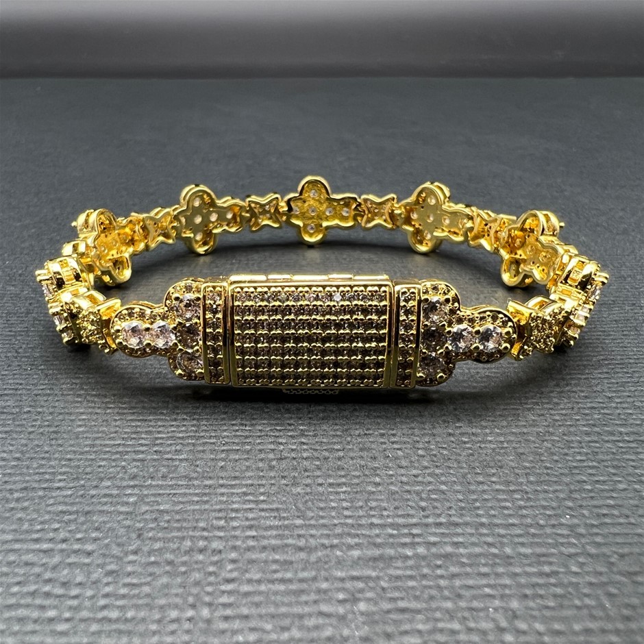 18K Gold-Filled Cross & Flower Bracelet with Simulated Diamonds - 17.8cm