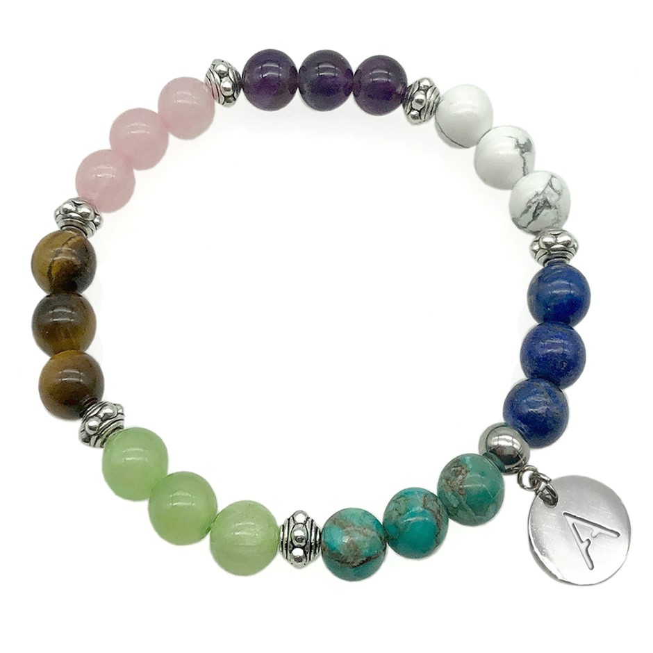 8mm Multi & Antique Silver Spacer Bead Letter 'A' Bracelet.