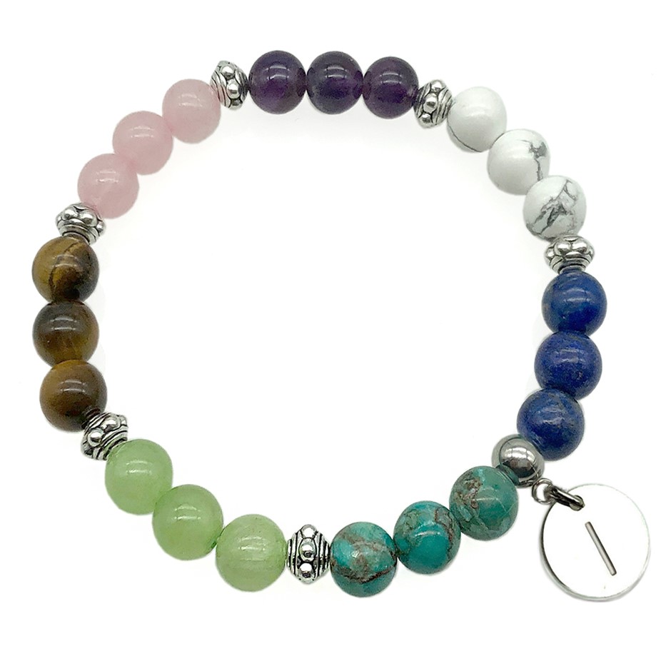 8mm Multi & Antique Silver Spacer Bead Letter 'I' Bracelet.