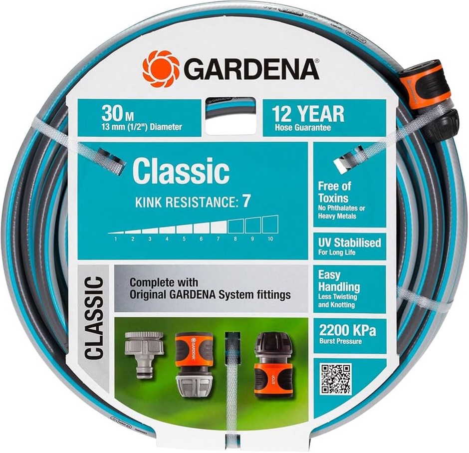 GARDENA Classic Hose 13mm (1/2") 30m Set, Grey. NB: Missing Water Stop Hose