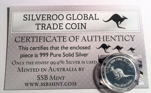 SILVEROO, Kangaroo Global Trade Coin 1/10th Oz 999 Pure Solid Silver COA.