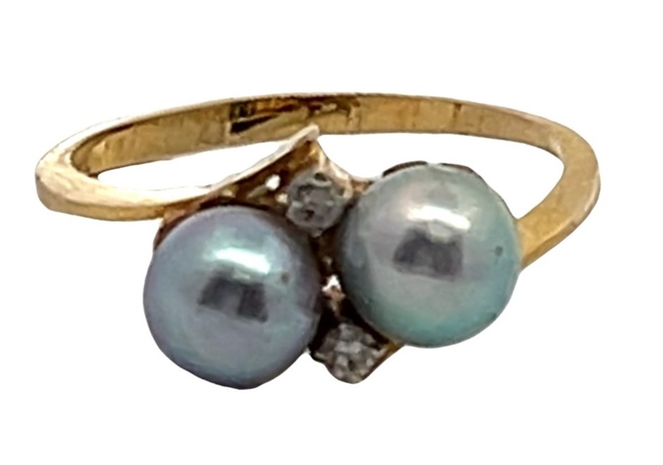 18ct Yellow Gold Double Silver Pearl Diamond Ring