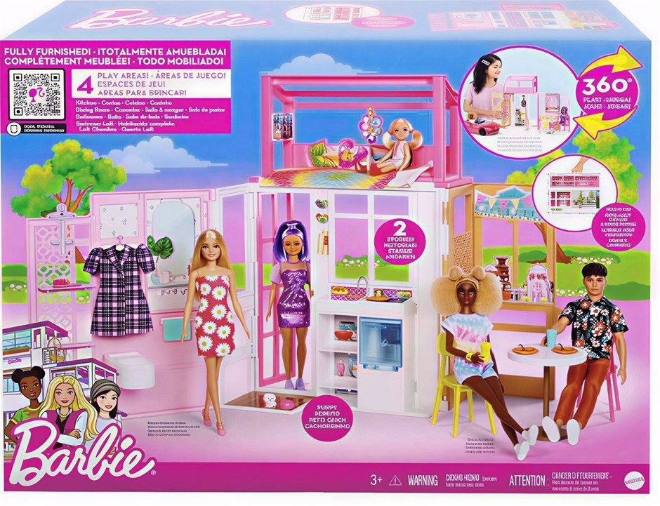 BARBIE Dollhouse with 2 Levels & 4 Play Areas, Fully Furnished Barbie House