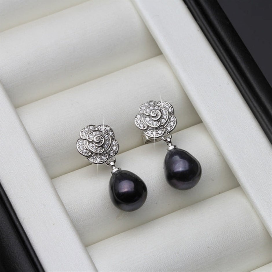 BIJ'OR - Genuine Black Pearl & Simulated Diamond Floral Earrings RRP $59
