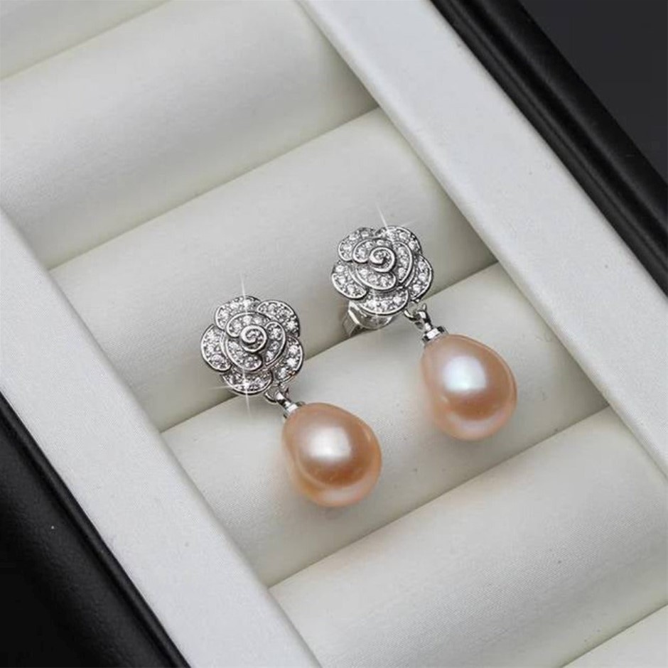 BIJ'OR - Genuine Pink Pearl & Simulated Diamond Floral Earrings RRP $59