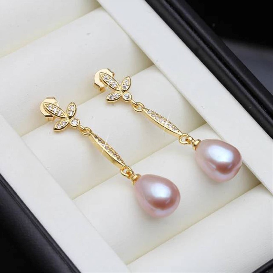 BIJ'OR - Genuine Purple Pearl Long Dangle Earrings in Gold RRP $59