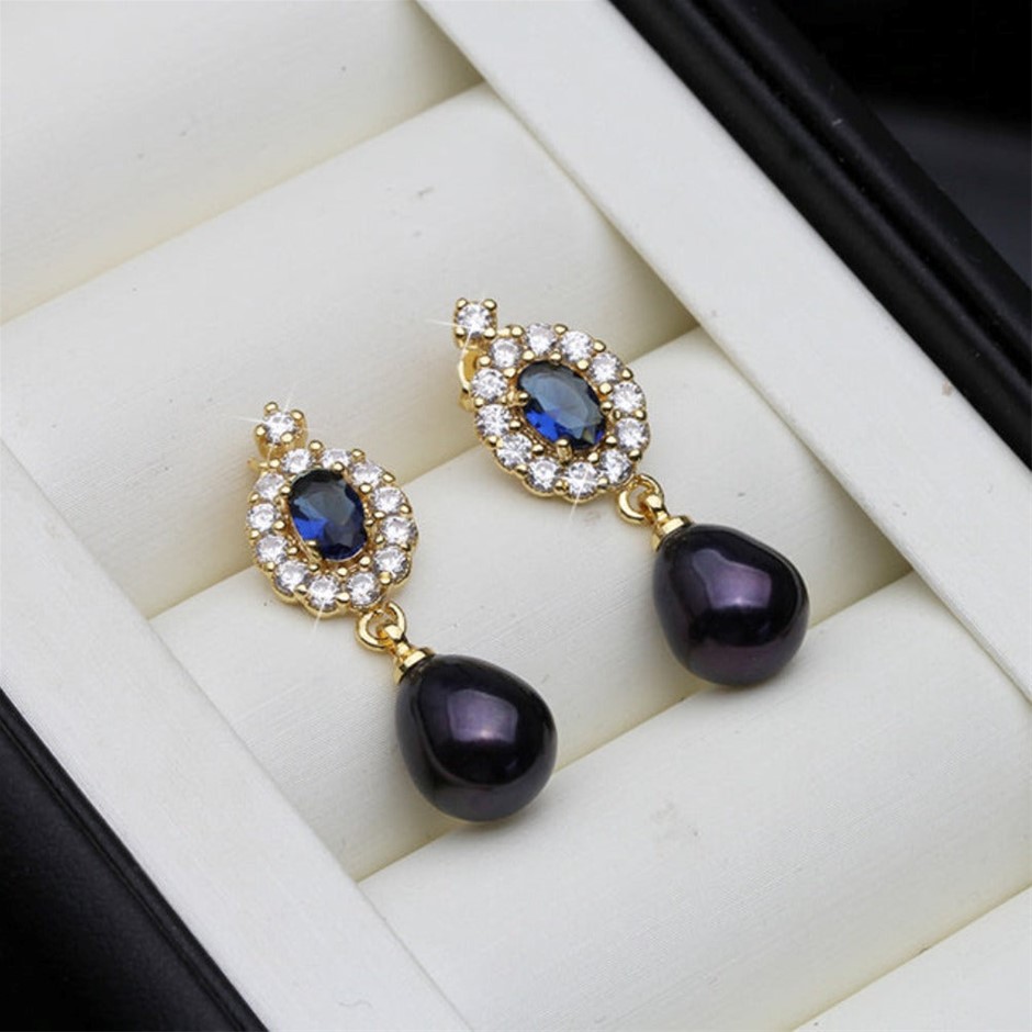 BIJ'OR - Genuine Black Pearl Statement Drop Earrings in Gold RRP $59
